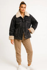 Women’s black denim jacket with faux shearling collar – cozy oversized fall outerwear
