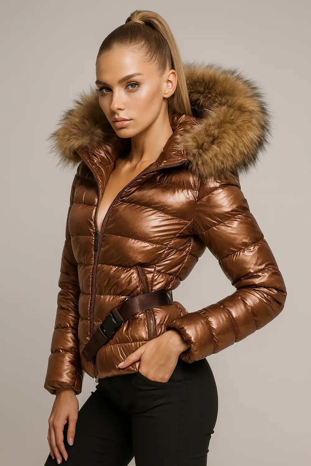Women's metallic bronze puffer jacket with faux fur hood - winter fashion coat