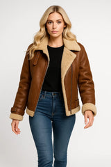 Women's brown shearling aviator jacket – cropped leather coat with faux fur collar and cuffs 3