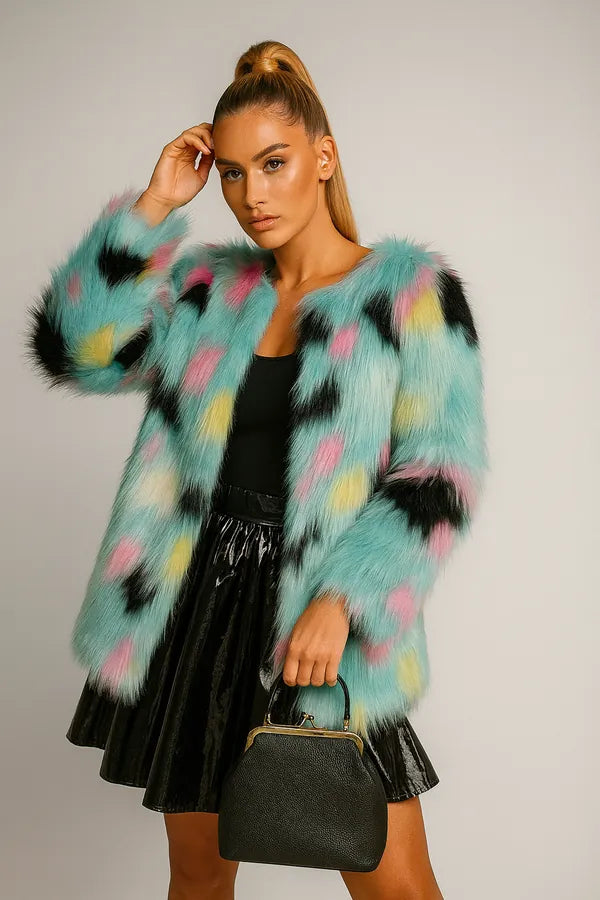 Women's colorful faux fur jacket in pastel and black pattern - bold winter fashion