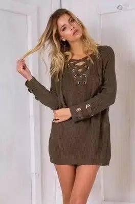 2021 Women Sweater woman Sweaters V Neck Mesh Lace Up-Green-1