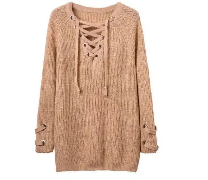 Women Sweater woman Sweaters V Neck Lace Up-5