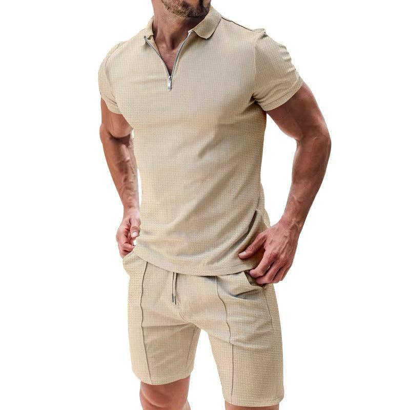 2Pcs Casual Waffle Suit Summer Zipper Lapel Short-sleeved-Khaki-5