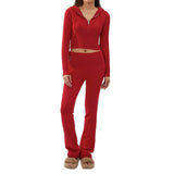 2pcs Knitted Hooded Suits Women's Long-sleeved Cardigan And-Red-17