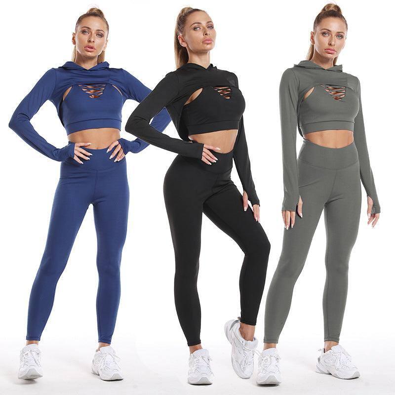 3pcs Sports Suits Long Sleeve Hooded Top Hollow Design Camisole And Butt Lifting High Waist Seamless Fitness Leggings Sports Gym Outfits Clothing-2