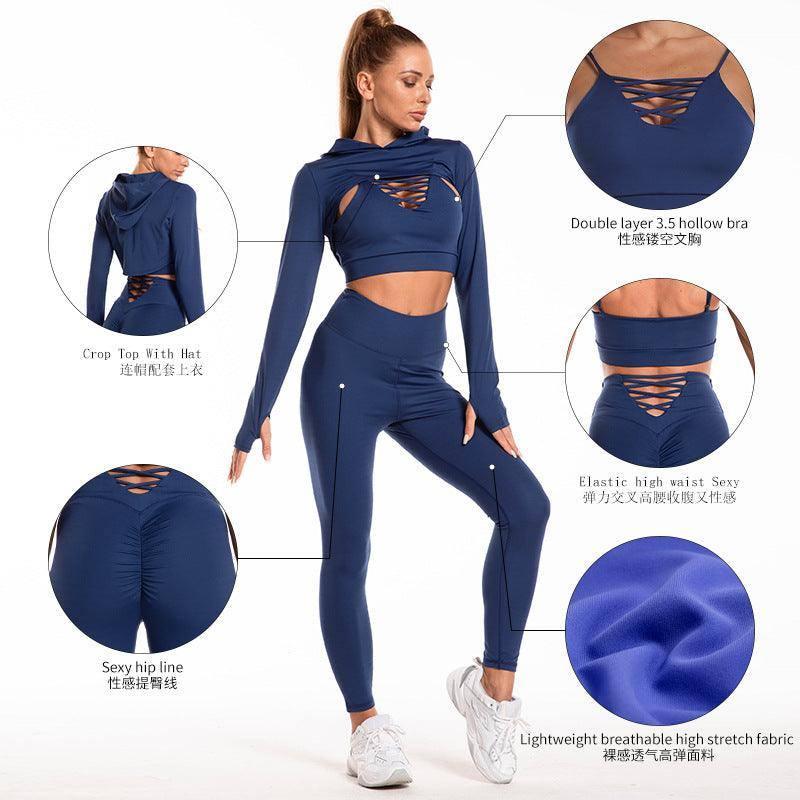 3pcs Sports Suits Long Sleeve Hooded Top Hollow Design Camisole And Butt Lifting High Waist Seamless Fitness Leggings Sports Gym Outfits Clothing-4