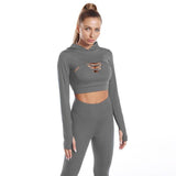 3pcs Sports Suits Long Sleeve Hooded Top Hollow Design Camisole And Butt Lifting High Waist Seamless Fitness Leggings Sports Gym Outfits Clothing-Grey 3PCS Set-7