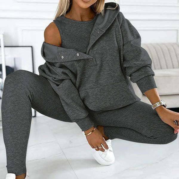 3pcs Women's Sports Suit Loose Hooded Pockets Sweatshirt And Vest And Slim Trousers-2