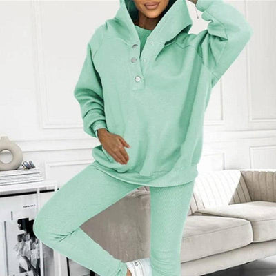 3pcs Women's Sports Suit Loose Hooded Pockets Sweatshirt And Vest And Slim Trousers-Green-9