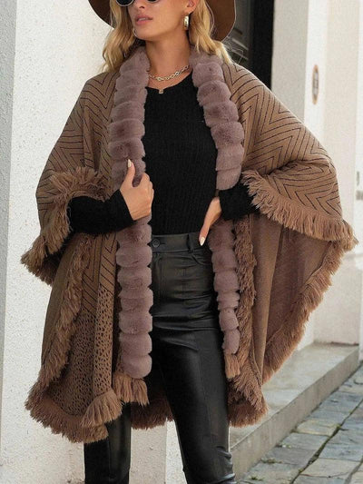 Autumn And Winter Luxury Wool Collar Tassel Shawl Sweater-Khaki-1