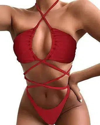 Bikini Comfortable And Solid Color Long Rope One Piece-WineRed-1