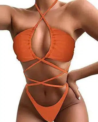 Bikini Comfortable And Solid Color Long Rope One Piece-Orange-2