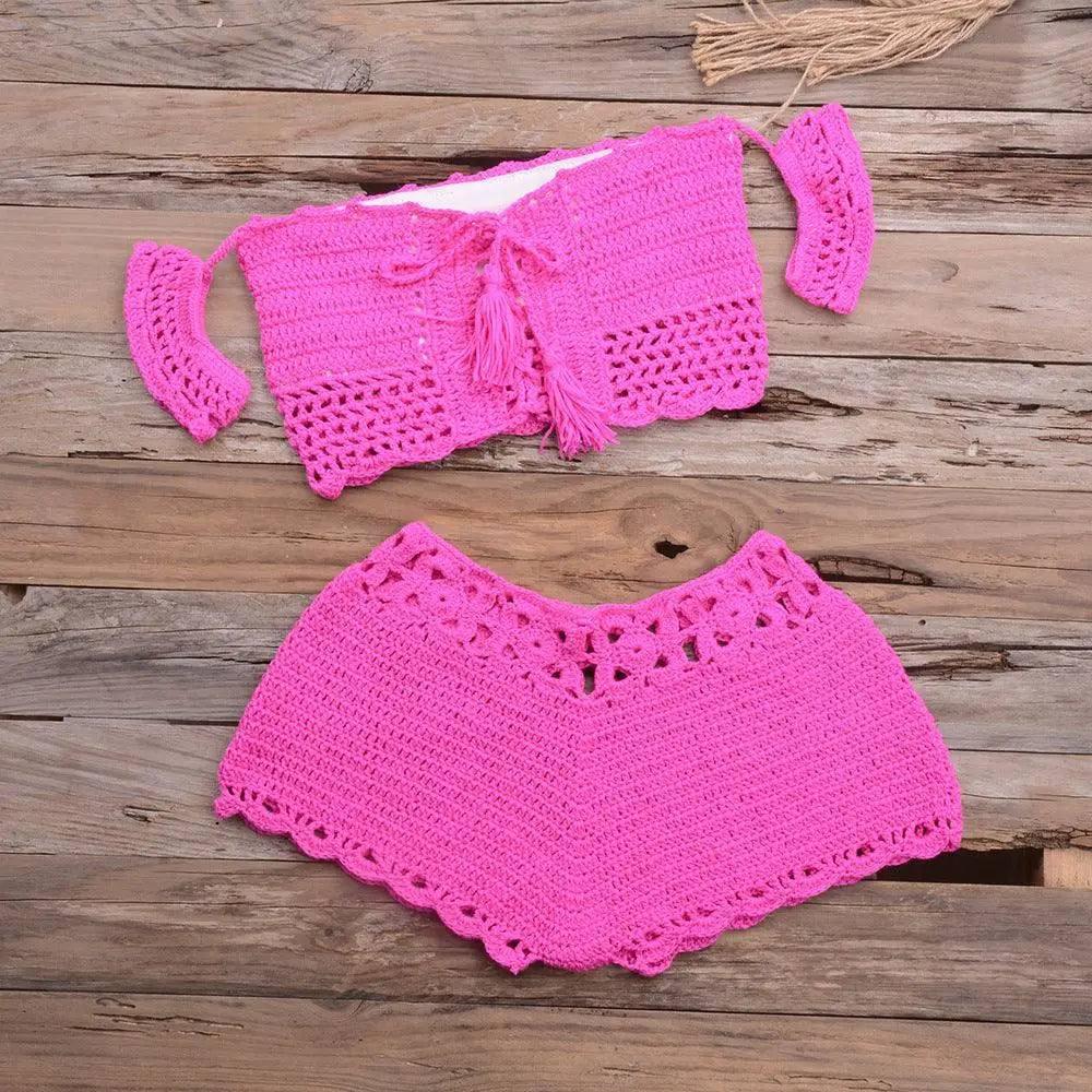 Bikini Hand-woven Lace-up Swimsuit Shorts Hollow Split Suit-RoseRed-3