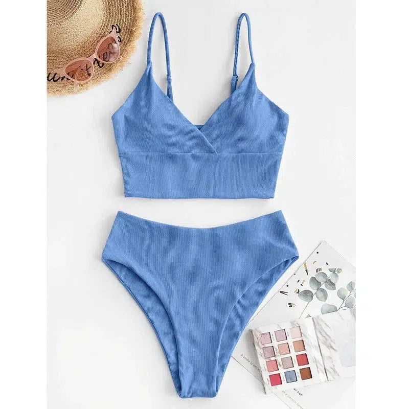 Bikini Swimsuit Ladies High Waist Pants BIKINI Solid Color-Blue-6