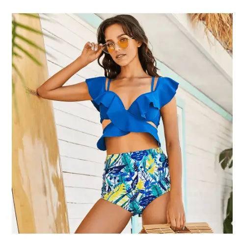 Bikini Women's Cross Swimsuit Off-shoulder Bikini Suit-Blue-2