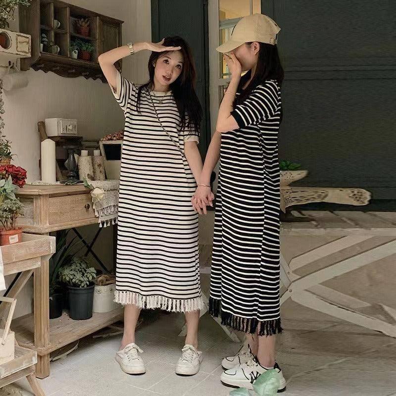 Black Knit Striped Dress Short Sleeve Women Dress maxi dress-Striped-Black-3