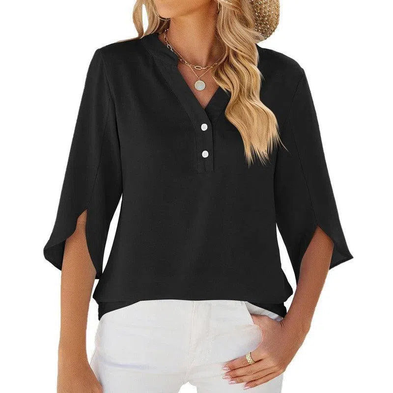 Button V-neck Mid-sleeve Chiffon Shirt Solid Color Top Womens Clothing-Black-2