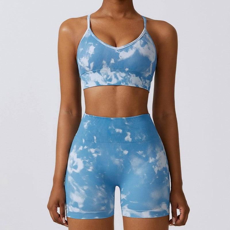 Camouflage Printing Seamless Yoga Suit Quick-drying High Waist Running Workout Clothes-Blue Bra Shorts-2