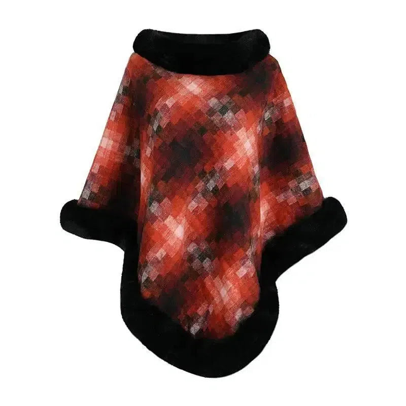 Cape Colored Plaid Thermal Knitting Shawl Women's Coat-Orange-5