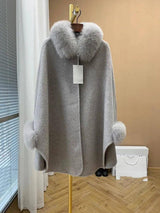 Cape Fox Fur Collar Cashmere Wavy Coat-Grey-3