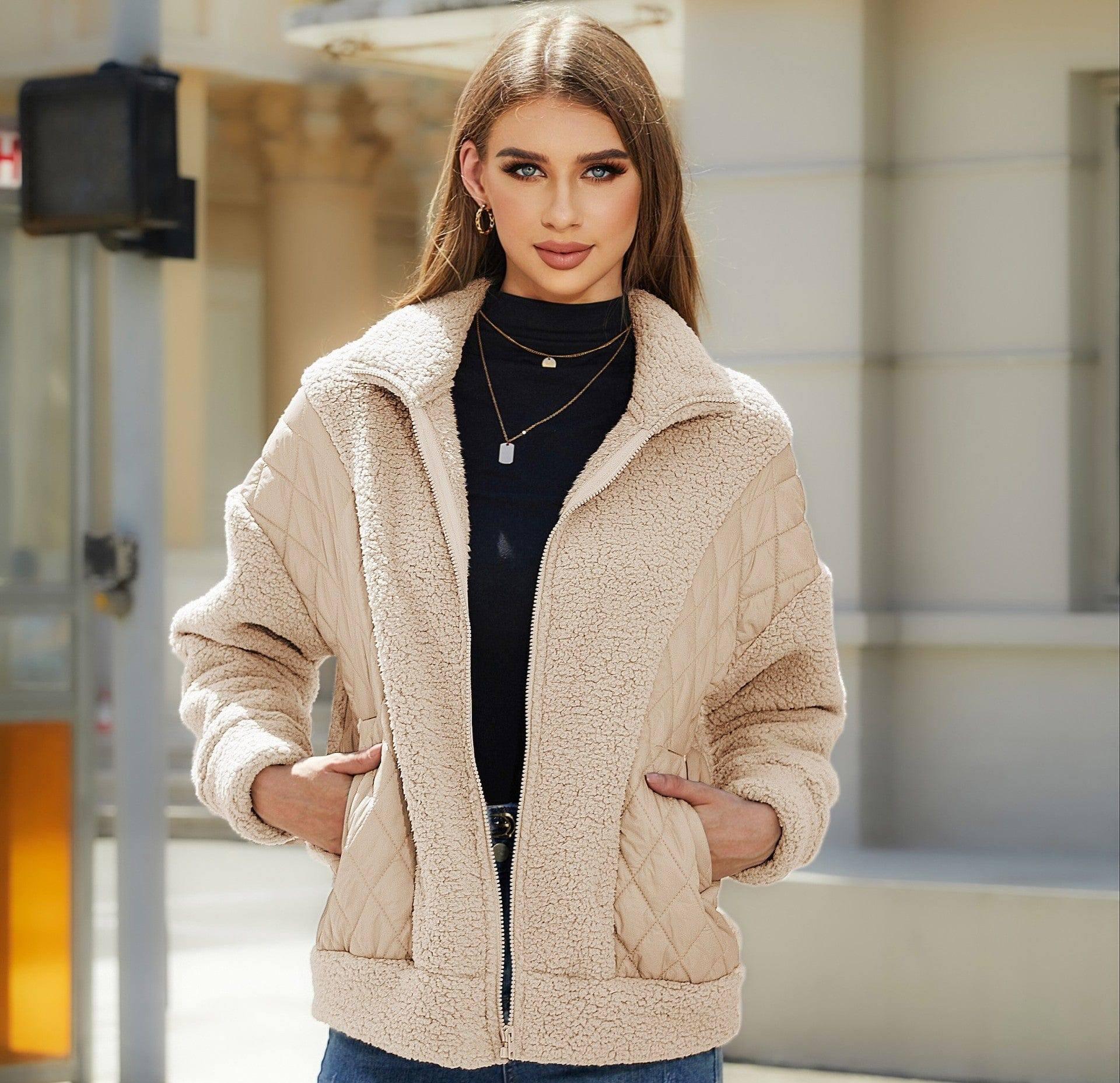 Cardigan Zipper Plush Stitching Women's Coat-Apricot-5