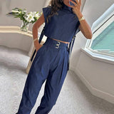 Casual Belt Decorative Turtleneck Short Sleeve And Long-Blue-6