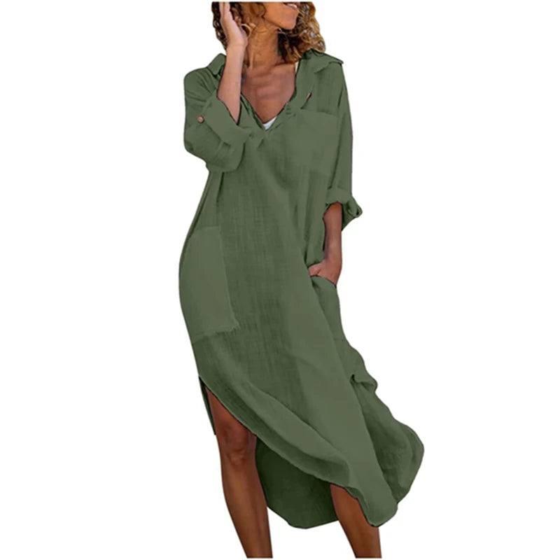 Casual Cotton Linen Loose Shirt Dress Women Summer Fashion-army green-7