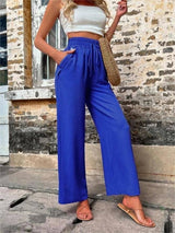 Casual Pants With Pockets Elastic Drawstring High Waist-Blue-2