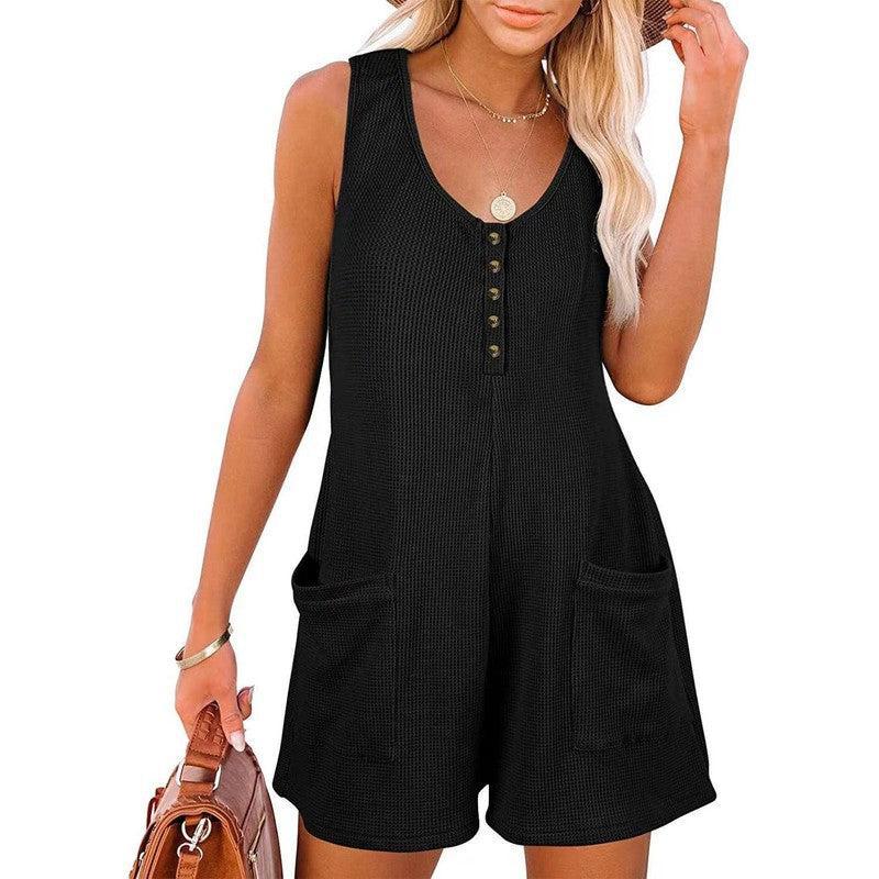 Casual Waffle Button Jumpsuit With Pockets Fashion Summer Navy Blue / 2XL-Black-2