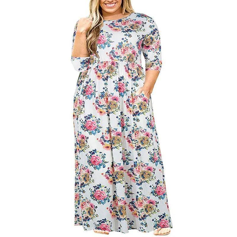 Big size Dress Women Summer Large Size Short Sleeve Print Wear-Resistant Long Dress Plus Size Fat MM Women Clothing Maxi Dress-WHITE-11