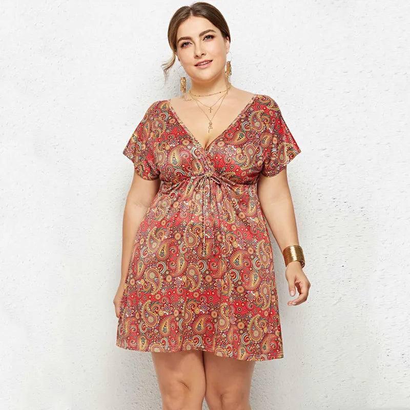 Chic Plus-Size Paisley Summer Dress-Red-5