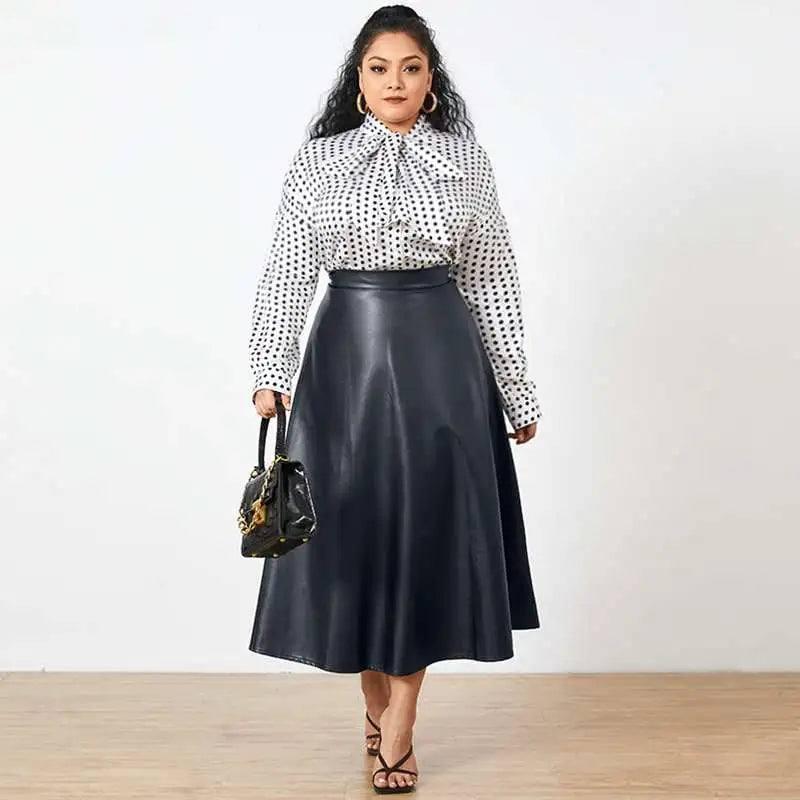 Chic Plus-Size Polka Dot Blouse and Leather Skirt-Navy-8