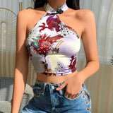 Chinoiserie Printed Halter Neck Buttoned Sexy Navel Crop Top-6