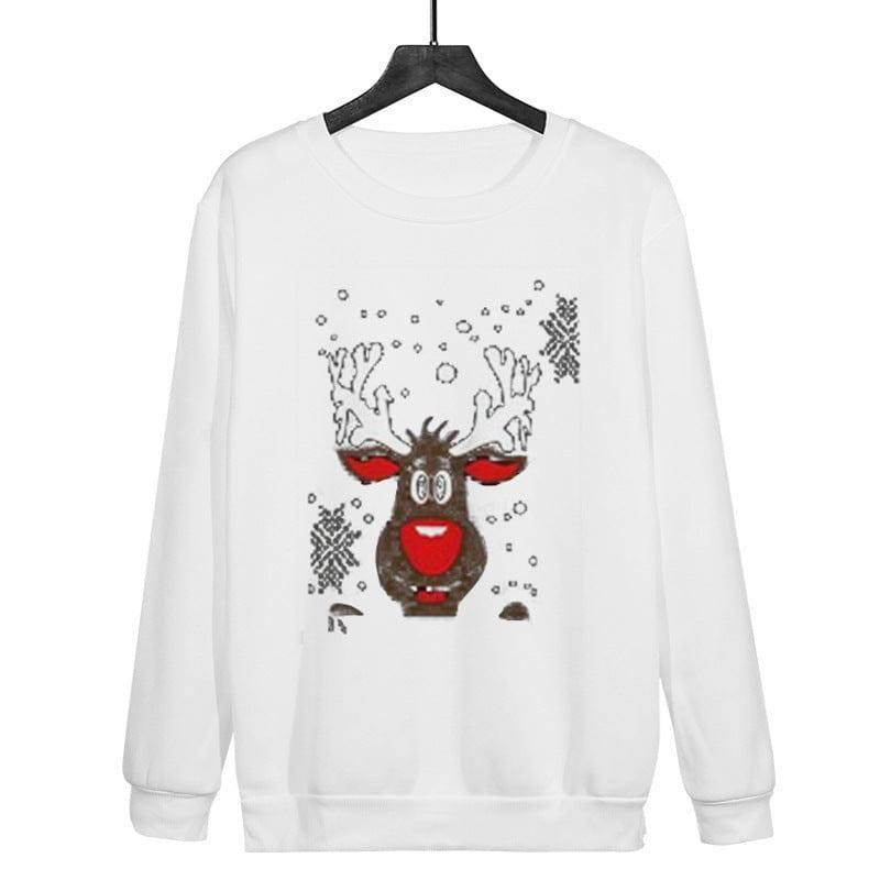 Christmas Antlers Cute Print Crew Neck Sweater-White-10