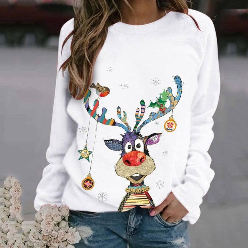 Christmas Pattern Printing Long Sleeve Crew Neck Sweater-White-1