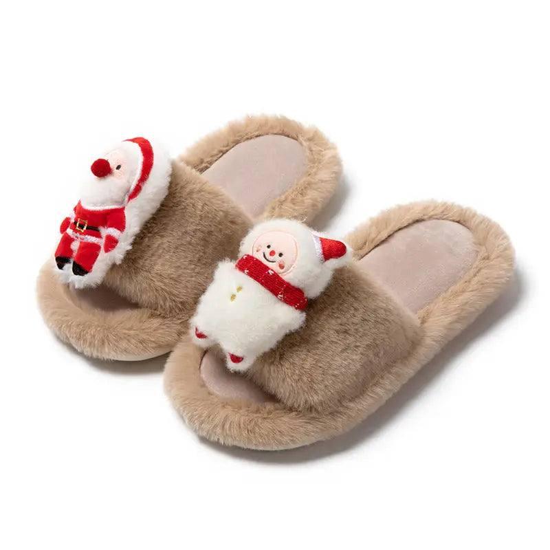 Christmas Shoes Ins Santa Claus Open-toe Cotton Slippers-Brown-7