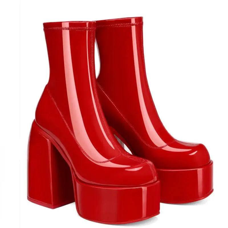 Chic Denim Platform Boots for Women-Red-4