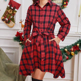 Clothing Christmas Series Dress Lapel Plaid Drawstring Long-2