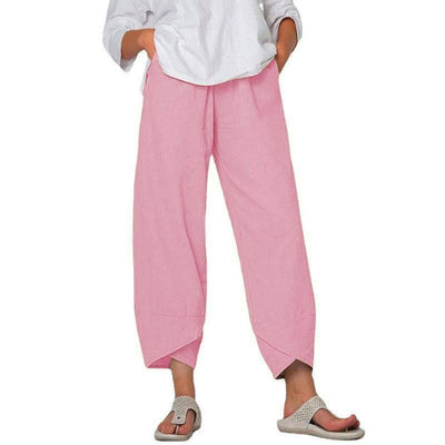 Cotton And Linen Wide Leg Pants Solid Color High Waist Loose Casual Trousers For Women-Pink-2