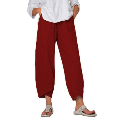 Cotton And Linen Wide Leg Pants Solid Color High Waist Loose Casual Trousers For Women-Wine Red-3