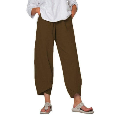 Cotton And Linen Wide Leg Pants Solid Color High Waist Loose Casual Trousers For Women-Coffee-4