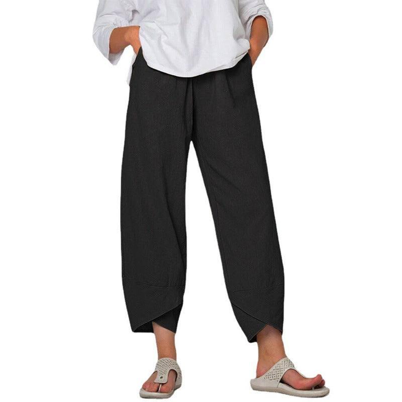 Cotton And Linen Wide Leg Pants Solid Color High Waist Loose Casual Trousers For Women-Black-8