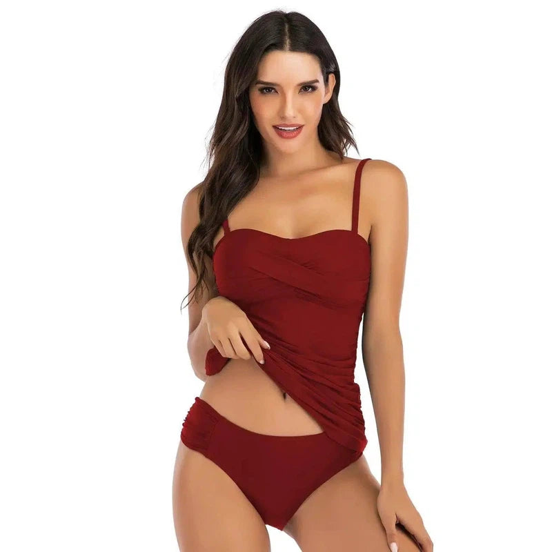 Covered belly split swimsuit ladies conservative-WineRed-2