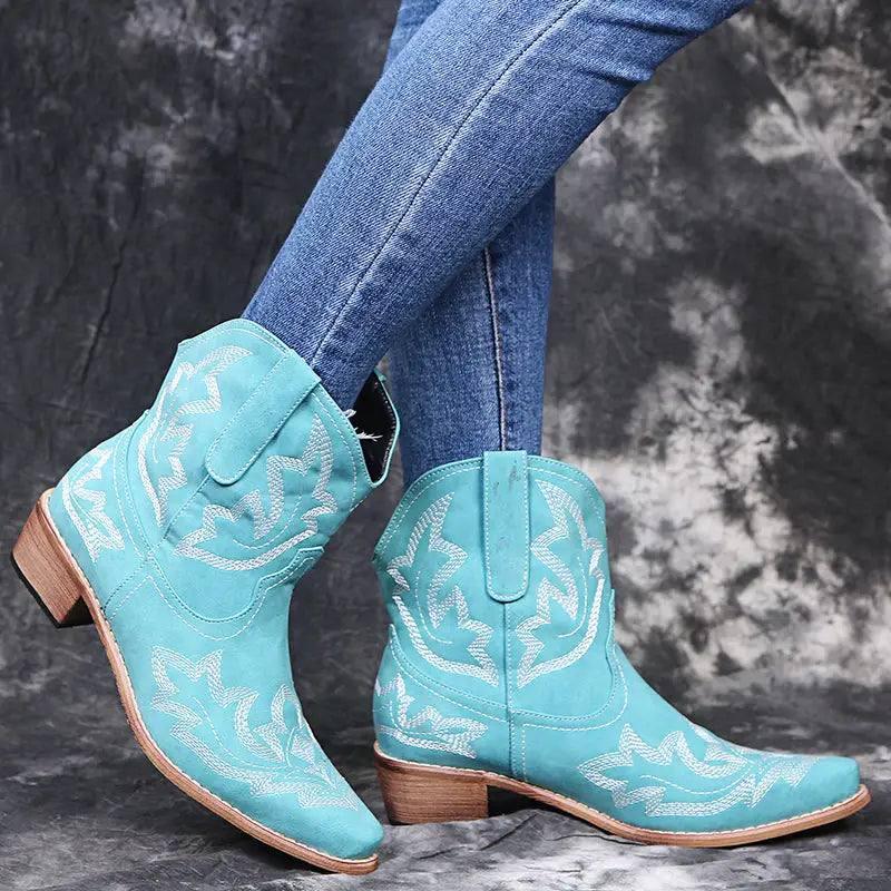 Cowboy Boots Women Embroidery Wedge Heel Shoes Western-3