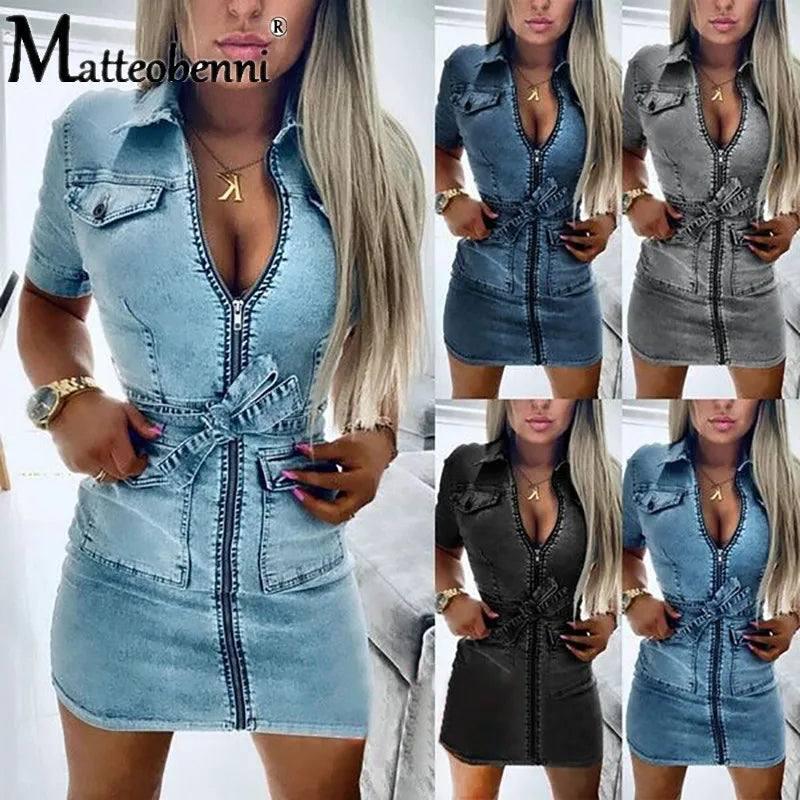 Denim Dress Zipper Casual V Nec-5