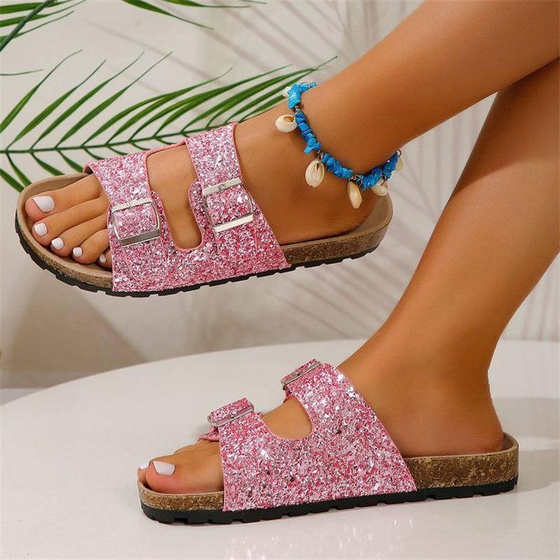 Double Buckle Sandals For Women New Fashion Sequined Beach-4