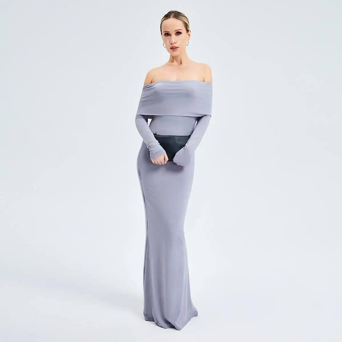 Elegant Off-shoulder Long-sleeved Long Dress-5