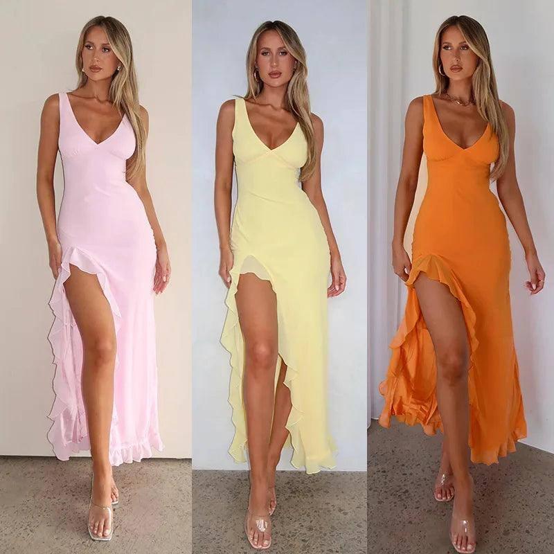 Elegant Sleeveless Ruffle Maxi Dress - Deep V Neck-4