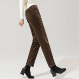 Elegant Striped Pants Tapered Corduroy Women-Brown Regular Single-4