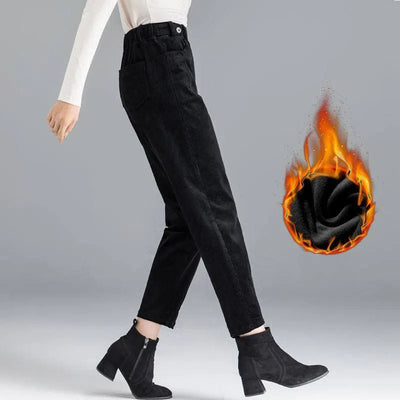 Elegant Striped Pants Tapered Corduroy Women-Black Plus Velvet-7